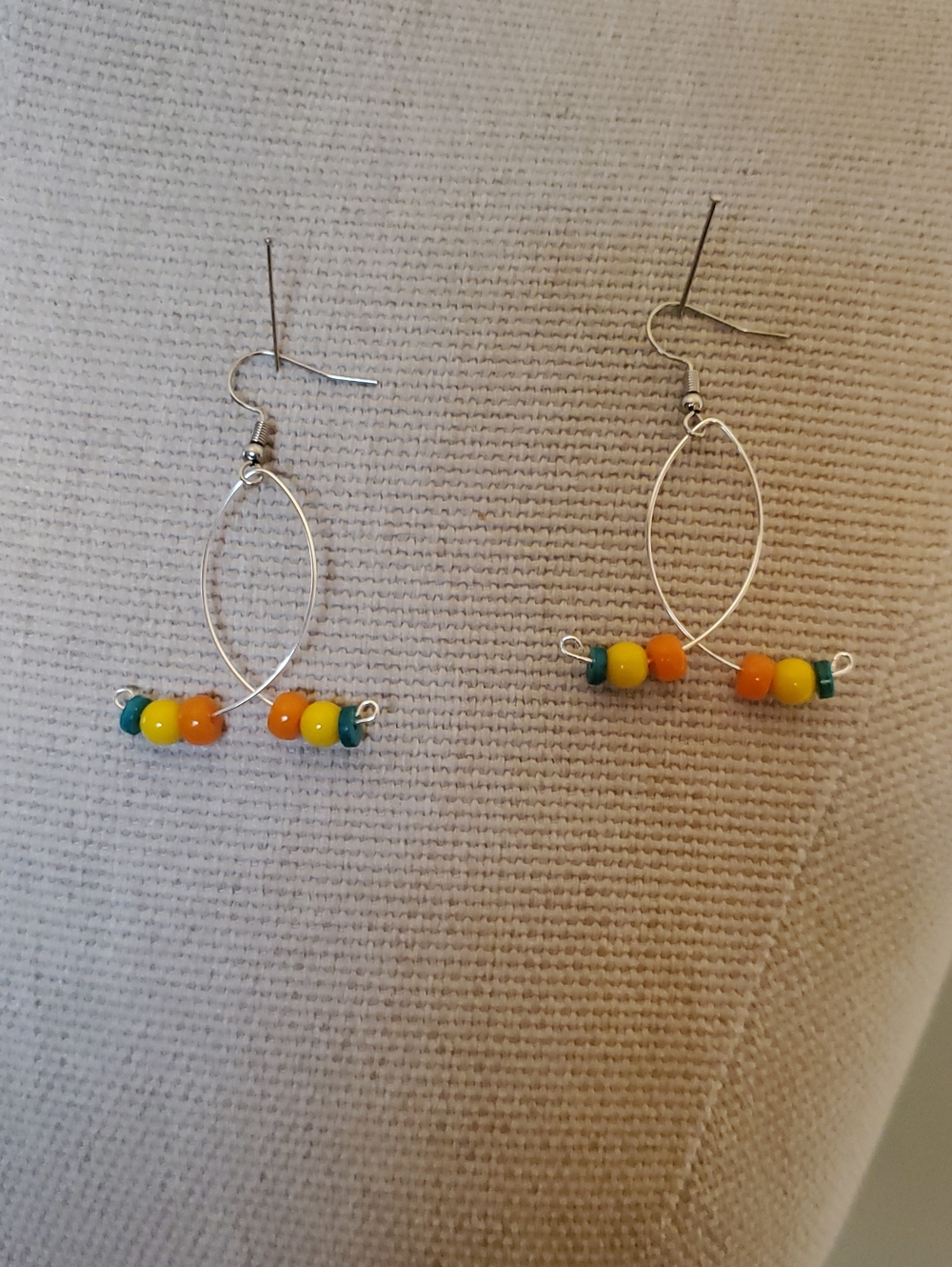 Handcrafted Silver Hoop Earrings with Yellow, Orange & Teal Beads